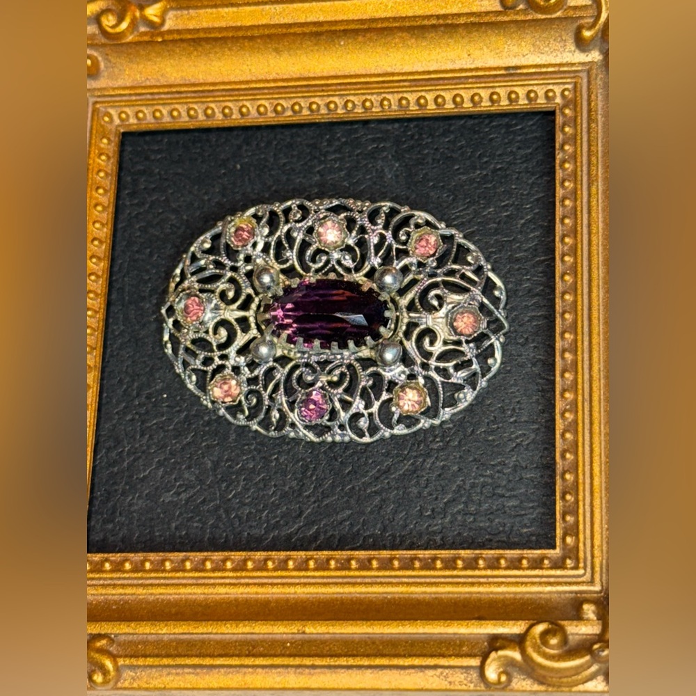 Vintage Victorian Silver Glass Amethyst Antique Brooch - Picture 2 of 16